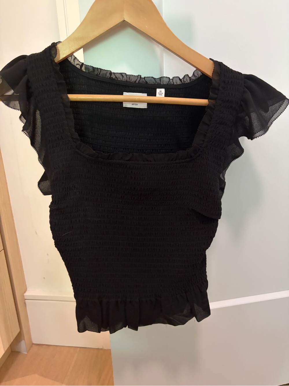 Aritzia Black Smocked Square-Neck Camisole with Ruffle Cap Sleeves